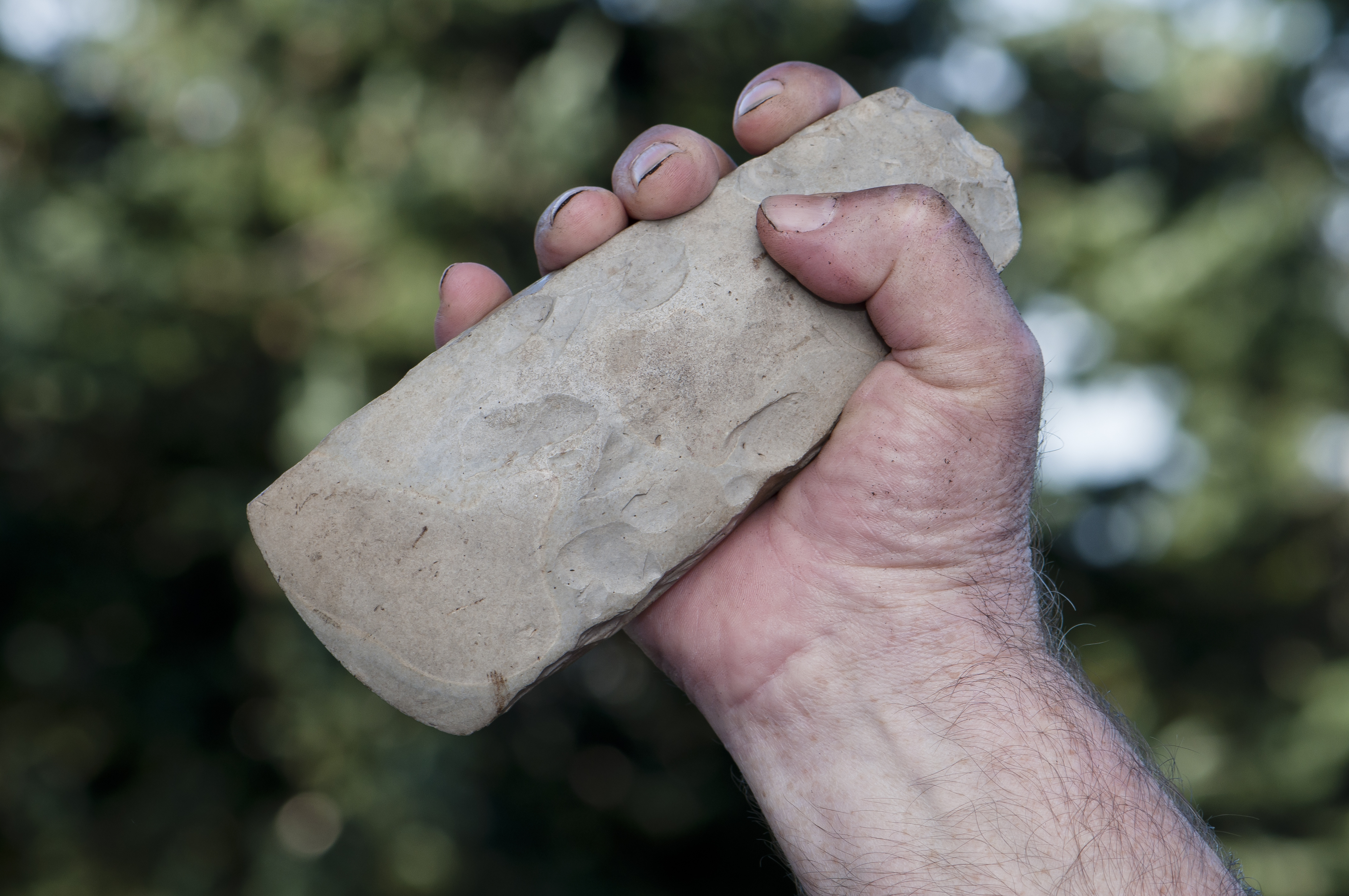 filthy hand holding handaxe