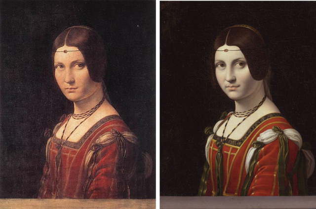 Imagen 1. La Belle Ferronniére atribuida a Leonardo da Vinci (1495-99, 63×45 cm) y la del matrimonio Hahn (antes de 1750, 55x44 cm). 