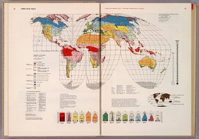 Mapa de las zonas climáticas del mundo, realizado con la proyección homolosena de Goode, pertenceciente a la publicación World Geo-graphicAtlas (1953), de la Container Corporation of America. Imagen de la David Ramsey Map Collection