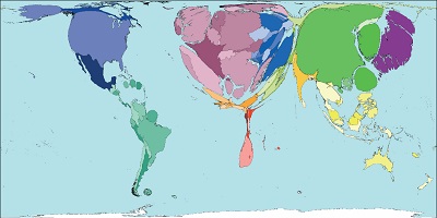 Cartograma de Worldmapper sobre el número de teléfonos móviles por cada 1000 habitantes