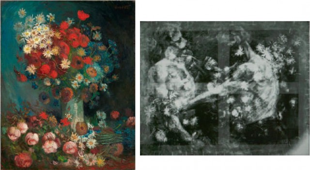 Naturaleza muerta floral con amapolas y rosas de Vincent van Gogh (1886-87, 99x79 cm) y una radiografía de la misma obra con un giro de 90⁰. 