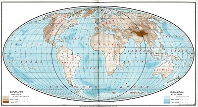 Mapa del relieve del mundo realizado con la proyección de Mollweide