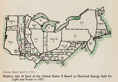 Cartograma de EEUU en el que el tamaño de cada estado es proporcional a la energía eléctrica vendida en 1921, aparecido en Literary Digest, 1921