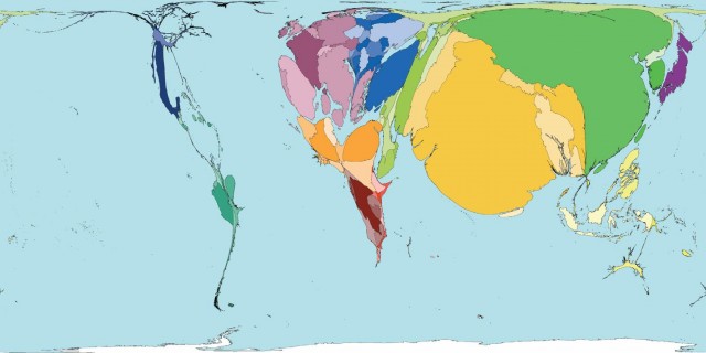 Cartograma de Worldmapper sobre la población total de “cada país” en el año 1