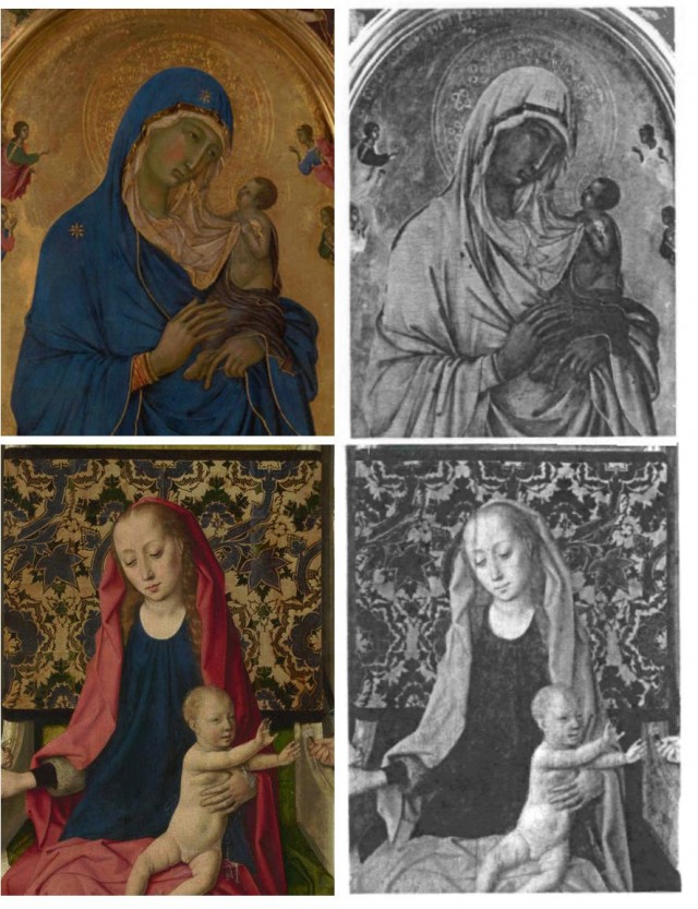 Arriba, detalle y fotografía infrarroja de Madonna con niño de Duccio (1312-1315, 61,4x39,3 cm). Abajo, detalle y fotografía de Madonna con niño de Dirk Bouts (hacia 1460, 68,8x51,6 cm)
