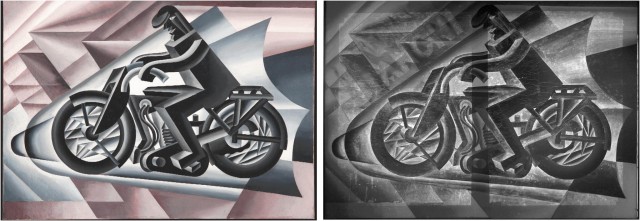 Imagen 7. Fotografía e fotografía infrarroja de luz transmitida de la obra Motociclista sólido con velocidad de Fortunato Depero(1927-1928, 117 x 163.5 cm)