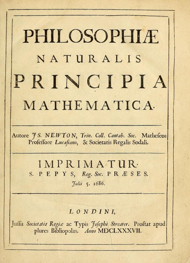Portada de la obra Philosophiæ Naturalis Principia Mathematica (1687), de Isaac Newton