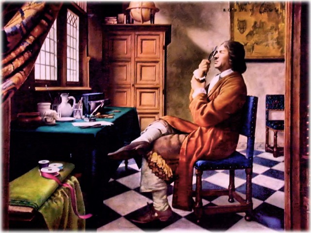 van Leeuwenhoek observando por el microscopio