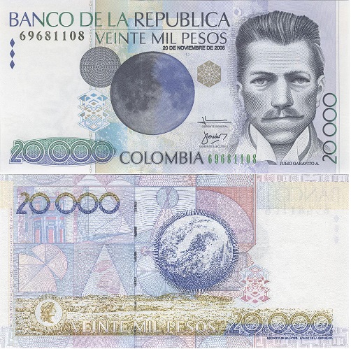 Billete de 20.000 pesos colombianos dedicado a Julio Garavito (1996). Aparecen imágenes de la Luna, del Observatorio Astronómico Nacional (del que fue director durante 27 años) y diferentes figuras geométricas.