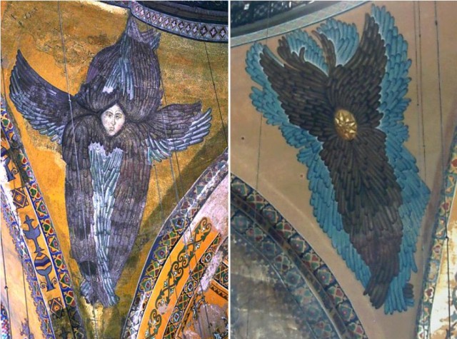 Imagen 2. El serafín de Hagia Sophia con la cara descubierta y otro que todavía la tiene cubierta por una placa dorada. Fuente: Wikimedia Commons