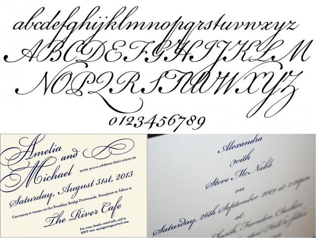 Letras minúsculas, mayúsculas y números de la tipografía Bickham Script, junto con dos invitaciones de boda escritas con esta fuente, aunque la primera con mayores espirales en los finales de las letras