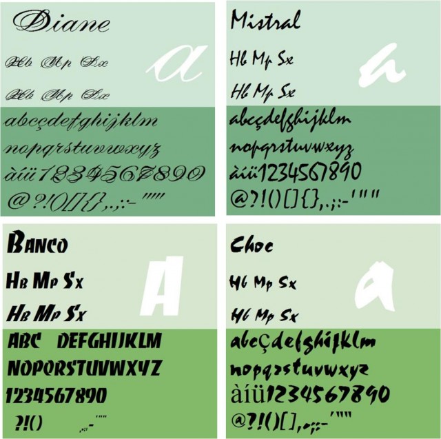Las fuentes tipográficas Diane, Mistral, Banco y Choc, del tipógrafo francés Roger Excoffon