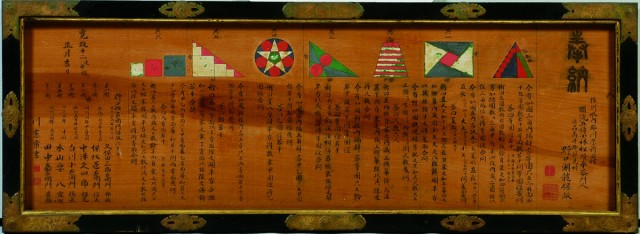 Sangaku (tablilla matemática) colgada en 1800 en el Santuario de Mizuho, en la ciudad de Shimotakaigum