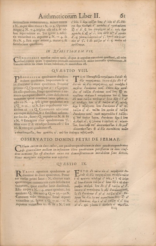  Página de la publicación Diophanti arithmeticorum libri cum observationibus P. de Fermat (1670), en la que se incluye la observación de Fermat, que sería conocida como el último teorema de Fermat