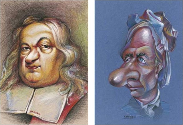 Caricaturas de Pierre de Fermat y Leonhard Euler, realizadas por Gerardo Basabe de Viñaspre y Enrique Morente, para la exposición de la Real Sociedad Matemática Española, El rostro humano de las matemáticas (2008)