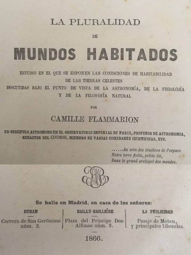 Primera edición en español de La Pluralidad de mundos habitados de Flammarion | Imagen Javier Peláez