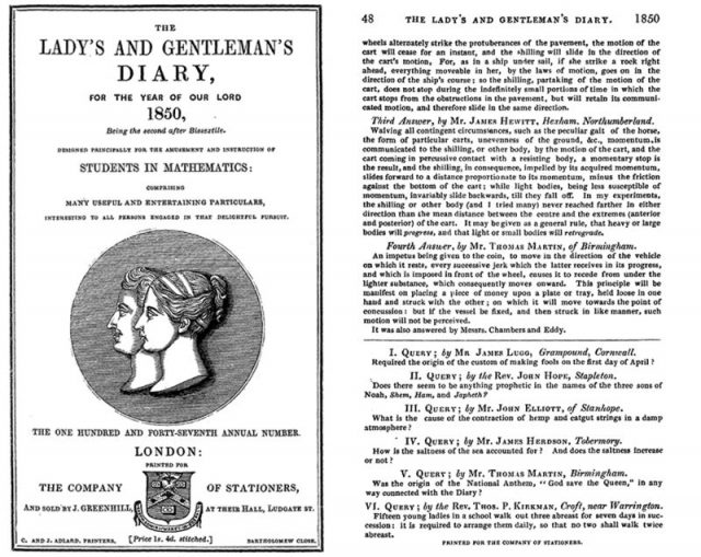 Portada y página 48 de la revista The Lady’s and Gentleman’s Diary de 1850, en la que aparece el conocido como problema de las colegialas de Kirkman