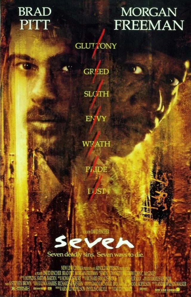 Cartel de la película Seven (1995), de David Fincher, interpretada por Brad Pitt y Morgan Freeman