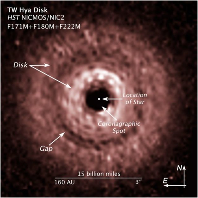 Imagen del telescopio espacial Hubble que confirma la existencia de un disco protoplanetario alrededor de TW Hydrae. Pequeños surcos indican la órbita del protoplaneta que puede estar formándose (NASA/Hubble)