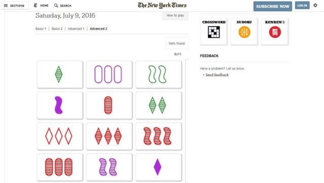 Propuesta de 12 cartas del juego SET para formar 6 SETs distintos de la página de crucigramas del New York Times del 9 de julio de 2016