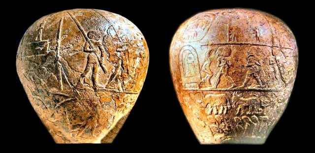 Dos imágenes de la cabeza de maza del rey Narmer, que es la cabeza de una maza de ceremonia egipcia, del 3.000 a.c., tallada en piedra y encontrada en Hieracómpolis, Antiguo Egipto. Se encuentra en el Museo Ashmolean de Oxford