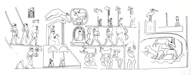 Diagrama de la inscripción de la cabeza de maza de Narmer, que contiene el botín de ganado y prisioneros conseguidos en las expediciones del rey. Toros: cuatro renacuajos, 400.000; Cabras: un hombre arrodillado (1.000.000), cuatro renacuajos (400.000), dos dedos (20.000) y dos flores de loto (2.000), en total, 1.422.000; Prisioneros: un renacuajo (100.000) y dos dedos (20.000), luego 120.000