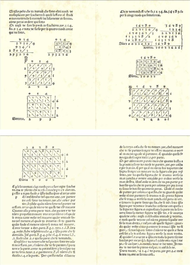Páginas de la "Aritmética de Treviso" (1478) con diferentes variantes de la multiplicación por celosía, o multiplicación árabe