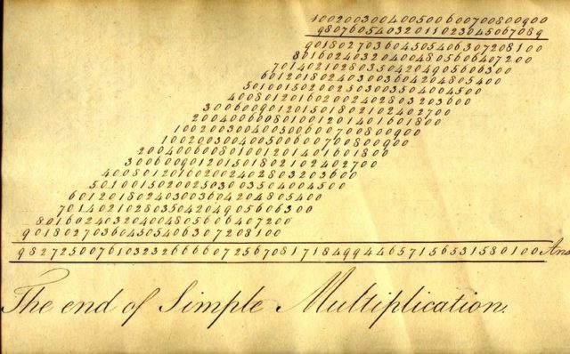  "The end of the multiplication" es un ejemplo de multiplicación moderna perteneciente a un libro de ejercicios para estudiantes de 1814