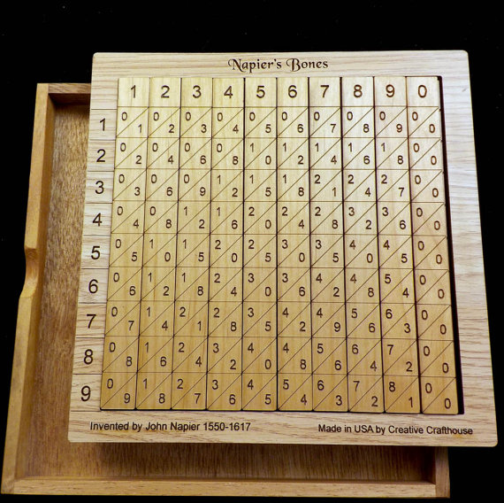 Versión moderna, en madera, de las 10 varillas de Napier, que contienen las tablas de multiplicar
