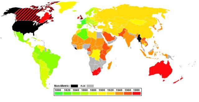 Mapa del mundo mostrando el momento de la adopción del sistema métrico decimal, o su derivado el Sistema Internacional de Medidas, por parte de los diferentes países