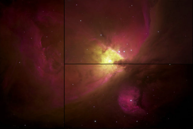 Figura 1: Imagen en falso color de la Nebulosa de Orión, M 42, y la Nebulosa de Marian, M 43, usando datos obtenidos con el Telescopio Isaac Newton, de 2.5m, en el Observatorio del Roque de los Muchachos en la isla de La Palma (España) usando el instrumento de gran campo Wide Field Camera (WFC). Las líneas verticales negras corresponden a la separación entre distintas CCDs. El color rojo codifica la emisión del hidrógeno ionizado, Hα 6563 Å, mientras que en verde de muestra la emisión de oxígeno dos veces ionizado, [O III] 5007 Å. En color azul sólo se muestra el campo estelar. Esta imagen es la típica que se obtiene mediante CCD o película fotográfica sin filtros, donde destaca especialmente el hidrógeno de la nebulosa. Crédito de la imagen: Ángel R. López-Sánchez (AAO/MQU), Sergio Simón-Díaz (IAC) y Jorge García-Rojas (IAC).