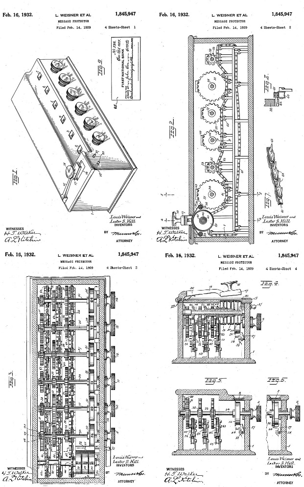 Imágenes de la patente US 1.845.947 presentada por Lester S. Hill y Louis Weisner, quienes diseñaron una máquina que implementaba el cifrado de Hill de orden 6