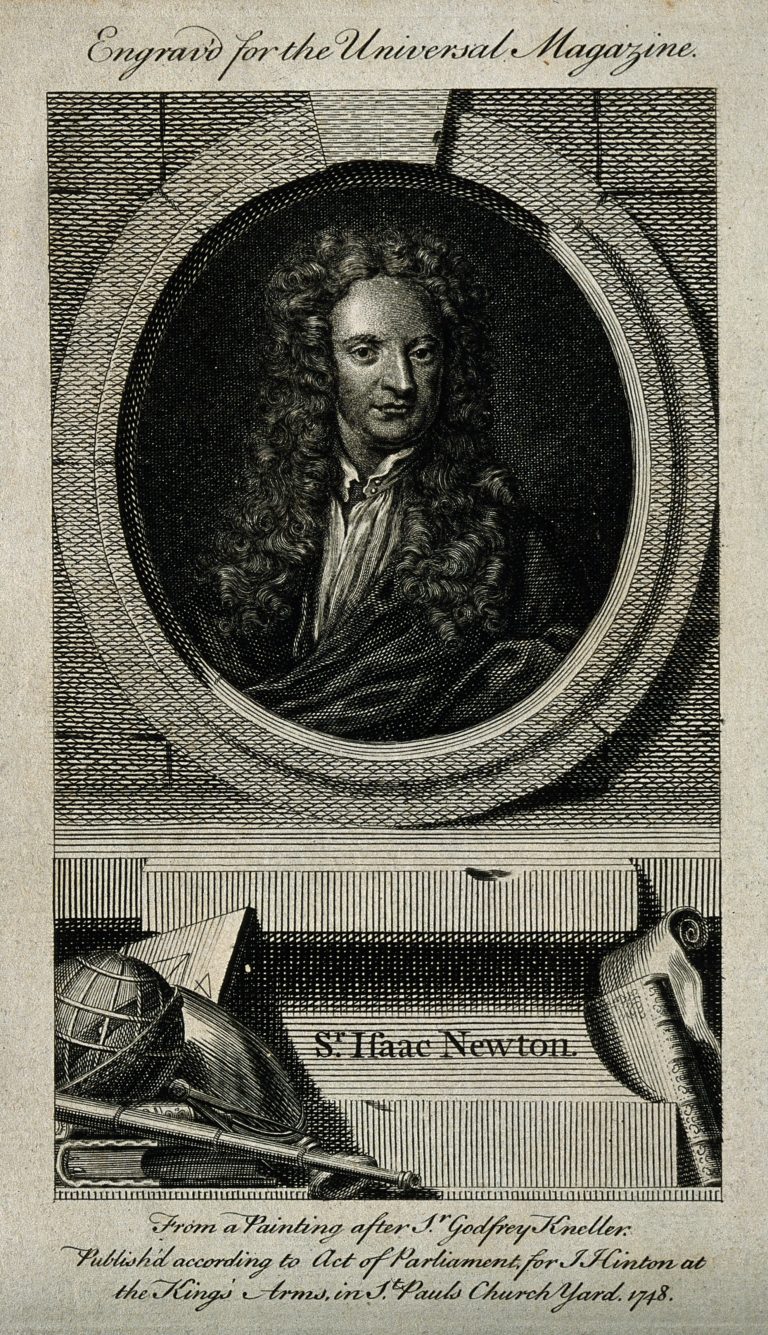 V0004250 Sir Isaac Newton. Line engraving, 1748, after Sir G. Kneller