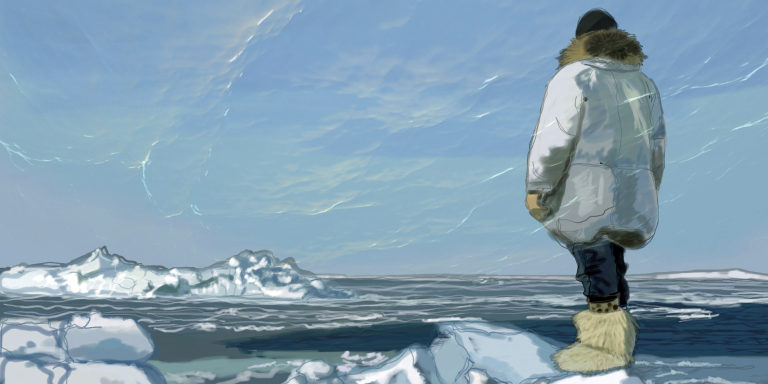 Foto1. Un inuit (o esquimal) otea el horizonte en busca de ballenas (Fotograma de la película Arctic Currents. A year in the life of the bowhead whale del Museo del Norte de la Universid