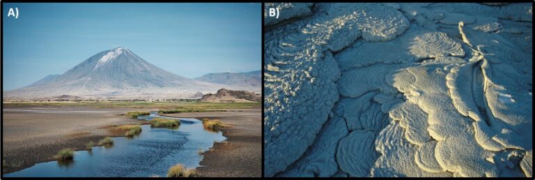 Un lago rojizo entre volcanes y fracturas